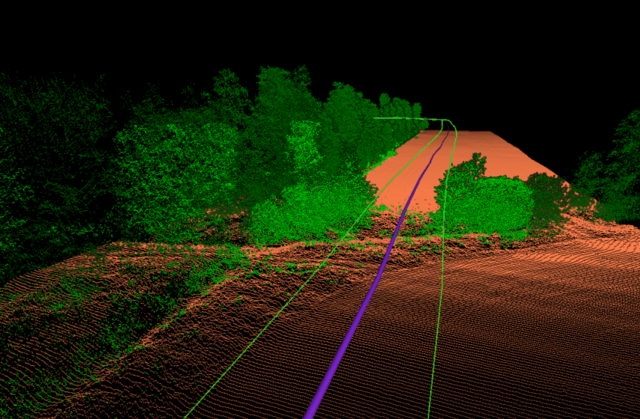 Path visualized over LiDAR point cloud in 3D modeling software