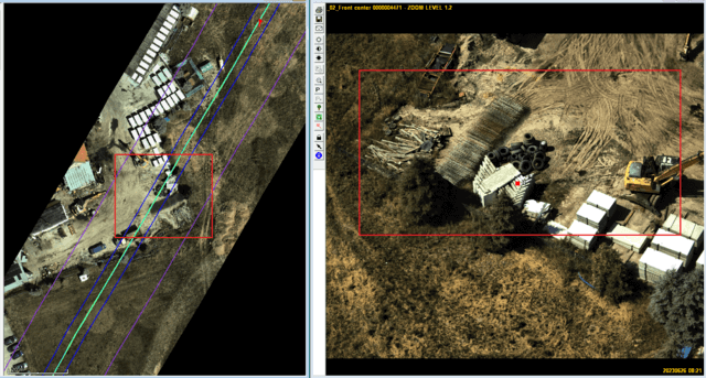Aerial view of the gas pipeline corridor showing machinery and inspection area