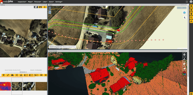 Geospatial system showing network condition and object locations based on terrain models, inspection images, and vector maps