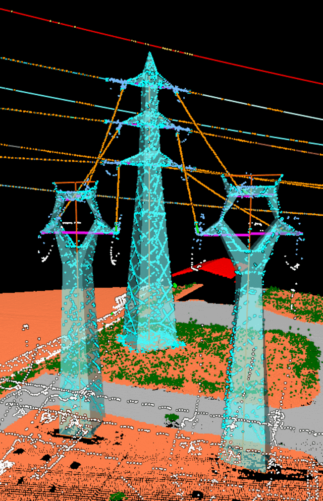 3D view of several power line poles in the BIM model