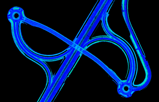 Zeskanowany odcinek drogi przedstawiony przy użyciu chmury punktów