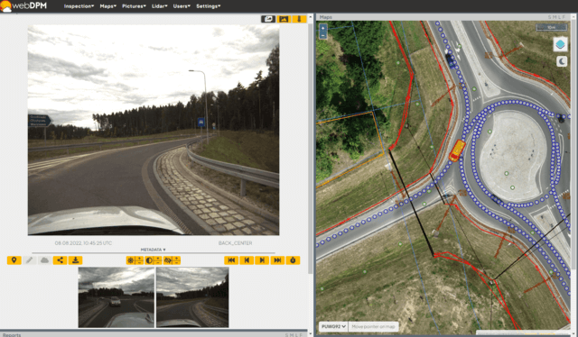 Fotorejestracja pasa drogowego z oznaczoną trasą i pozycją pojazdu na mapie OpenStreetMap