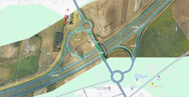 2D vector representation of roads showing detailed infrastructure components
