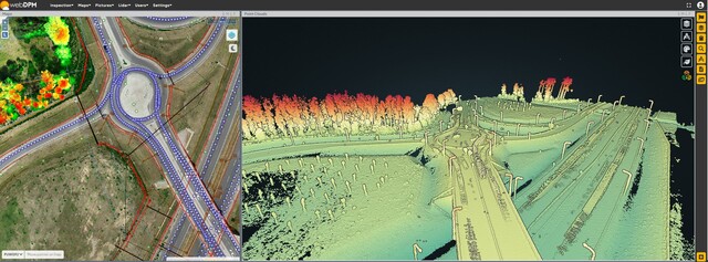 Pas drogi pokazany na zdjęciu obok zeskanowanego modelu chmury punktów