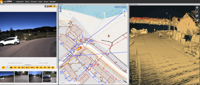 Pas drogi wraz z trasą pojazdu i wizualizacją terenu w chmurze punktów